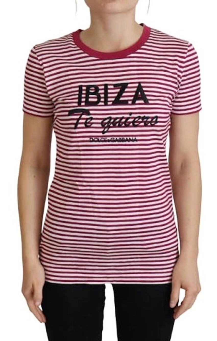 DOLCE & GABBANA Fuchsia Stripe Ibiza Embroidered Logo Cotton T-Shirt 40 NEW Tee